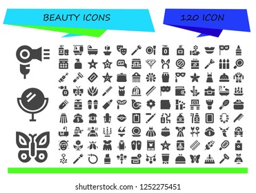 Vector icons pack of 120 filled beauty icons. Simple modern icons about  - Hair dryer, Butterfly, Mirror, Shampoo, Bathtub, Bath, Rose, Masks, Makeup, Make up, Gel, Soap, Flower