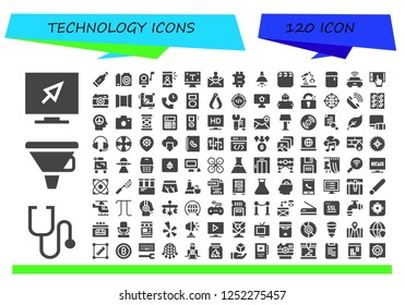 Vector icons pack of 120 filled technology icons. Simple modern icons about  - Television, Stethoscope, Funnel, Thermometer, Camera, Mail, Selfie, Typography, Bitcoin, Lamp, Video