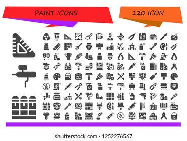 Vector icons pack of 120 filled paint icons. Simple modern icons about  - Set square, Cartridge, Airbrush, Rgb, Paint tube, Layout, Pliers, Eyebrow pencil, Artist, Art, Brush