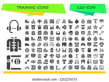 Vector icons pack of 120 filled training icons. Simple modern icons about  - Lesson, Punching bag, Wushu, Shoe, Meeting, Gym station, Learning, Jumping rope, Martial arts, Measuring tape