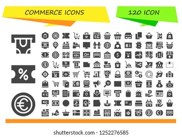 Vector icons pack of 120 filled commerce icons. Simple modern icons about  - Atm, Coin, Coupon, Shopping, Money, Shopping cart, Shopping bag, Cheque, Shopping basket, Basket, Shop