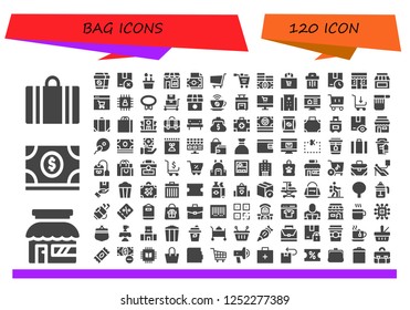 Vector icons pack of 120 filled bag icons. Simple modern icons about  - Suitcase, Store, Money, Coffee, Package, Pencil case, Coffee shop, Shopping cart, Shopping bag, Trash, Grocery