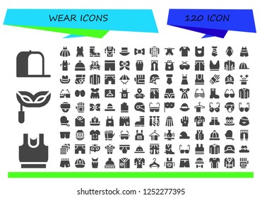Vector icons pack of 120 filled wear icons. Simple modern icons about  - Cap, Clothes, Eye mask, Dress, Boots, Tunic, Hat, Bow tie, Jacket, Shirt, Bib, Tie, Silk, Suspenders, Apron