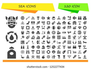 Vector icons pack of 120 filled sea icons. Simple modern icons about  - Viking, Water, Fish, Net, Swim, Lobster, Starfish, Ship, Island, Iceberg, Surfboard, Fins, Lifejacket, Sea lion