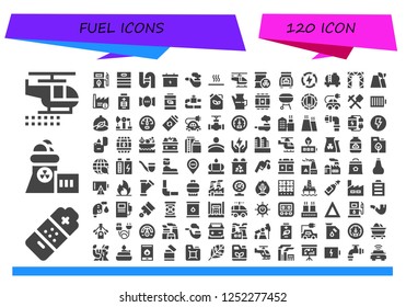Vector icons pack of 120 filled fuel icons. Simple modern icons about  - Helicopter, Battery, Nuclear plant, Eco fuel, Barrel, Pipe, Hot, Trunk, Energy, Tank, Rigging, Factory