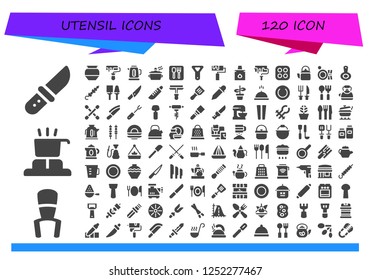 Vector icons pack of 120 filled utensil icons. Simple modern icons about  - Knife, Fork, Cooker, Pottery, Roller, Kettle, Pot, Restaurant, Bottle opener, Eyedropper, Paint roller