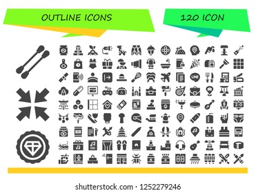 Vector icons pack of 120 filled outline icons. Simple modern icons about  - Earbuds, Premium, Minimize, Can, Gifts, Car, Flashlight, Giraffe, Flippers, Lamppost, Wheel, Taco, Location