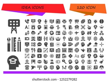 Vector icons pack of 120 filled idea icons. Simple modern icons about  - Lights, Mind, Web design, Telephone, Tactics, Idea, Startup, Graphic design, Graphic tablet, Commentator