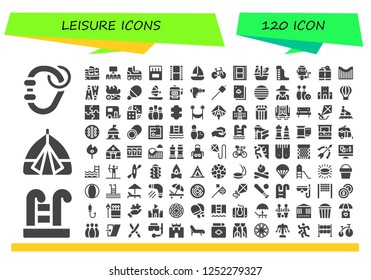 Vector icons pack of 120 filled leisure icons. Simple modern icons about  - Carabiner, Swimming pool, Tent, Sailboat, Cinema, Roller skate, Matches, Film, Bike, Picnic, Waterpark