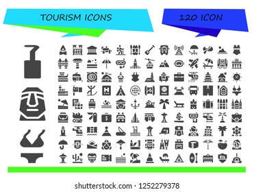 Vector icons pack of 120 filled tourism icons. Simple modern icons about  - Hook, Bikini, Moai, Campfire, Notre dame, Pantheon, Trailer, Hiking, Ski, Rowing, Bus, Tower, Deck