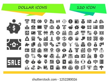 Vector icons pack of 120 filled dollar icons. Simple modern icons about  - Piggy bank, Sale, Money, Atm, Euro, Bank, Cash register, Transfer, Currency exchange, Coin, Wallet, Money bag