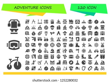 Vector icons pack of 120 filled adventure icons. Simple modern icons about  - Chest, Bike, Diving mask, Flippers, Compass, Trapeze, Woods, Sleeping bag, Snowboard, Roller coaster