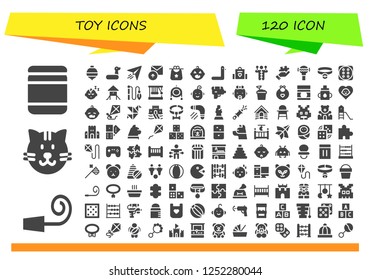 Vector icons pack of 120 filled toy icons. Simple modern icons about  - Baby food, Party whistle, Cat, Spinning top, Rubber ring, Paper plane, Sent, Bib, Baby, Duck, Baby bag