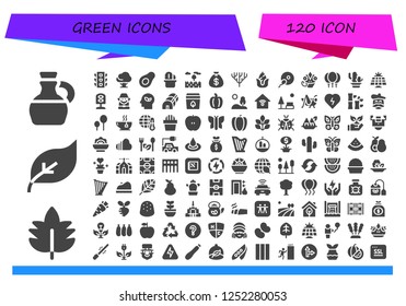Vector icons pack of 120 filled green icons. Simple modern icons about  - Olive oil, Leaf, Green energy, Traffic light, Tree, Avocado, Cactus, Prairie, Money bag, Coral, Corn