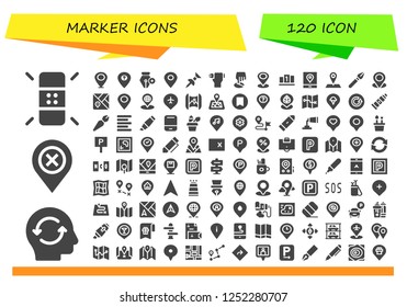 Vector icons pack of 120 filled marker icons. Simple modern icons about  - Eraser, Refresh, Location, Placeholder, Pen, Pin, Position, Gps, Map, Mapping, Location pin, Bookmark