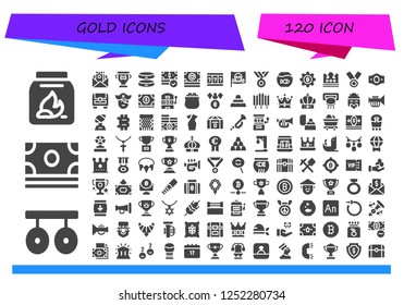 Vector icons pack of 120 filled gold icons. Simple modern icons about  - Coal, Rings, Money, Trophy, Bracelet, Slot machine, Pirate, Medal, Fishbowl, Bitcoin, Crown, Champion belt