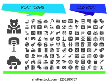 Vector icons pack of 120 filled play icons. Simple modern icons about  - Teddy bear, Music file, Basketball, Puck, Water gun, Clapperboard, Space invaders, Rattle, Film, Recording