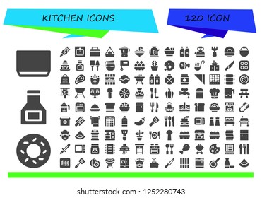 Vector icons pack of 120 filled kitchen icons. Simple modern icons about  - Soup, Bagel, Sauce, Pastry bag, Sink, Fridge, Pot, Blender, Kettle, Salad, Sauces, Fork, Dish, Brownie