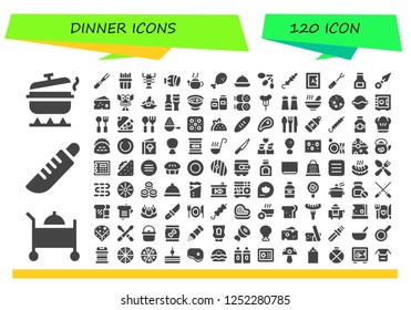 Vector icons pack of 120 filled dinner icons. Simple modern icons about  - Pot, Room service, Knife, Meat, French fries, Lobster, Salami, Tea pot, Chicken leg, Food, Spoons, Skewer