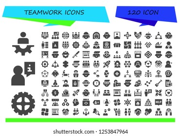 Vector icons pack of 120 filled teamwork icons. Simple modern icons about  - Manager, Gear, User, Meeting, Training, Connect, Conference, Avatar, Influencer, Hug, Handshake, Man