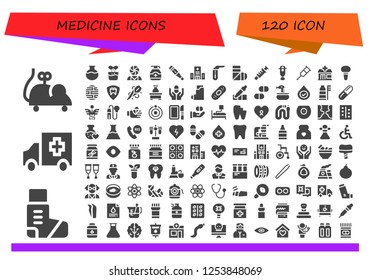 Vector icons pack of 120 filled medicine icons. Simple modern icons about  - Mouse toy, Inhaler, Ambulance, Flask, Effervescent, Psychology, Gel, Thermometer, Hospital, Test tube