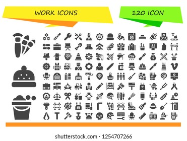 Vector icons pack of 120 filled work icons. Simple modern icons about  - Brushes, Bucket, Bonnet, Teamwork, Chisel, Settings, Tools, Artist, Hat, Gloves, Mechanical arm, Briefcase