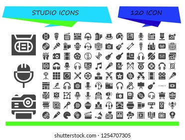 Vector icons pack of 120 filled studio icons. Simple modern icons about  - Vhs, Photo camera, Microphone, DJ, Clapperboard, Graphic design, Headphones, Film roll, Picture, Color palette