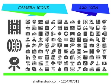 Vector icons pack of 120 filled camera icons. Simple modern icons about  - Strip, Web cam, Lens, Scene, Webcam, Picture, Baby monitor, Flash, Image, Projector, Swimsuit, Electron