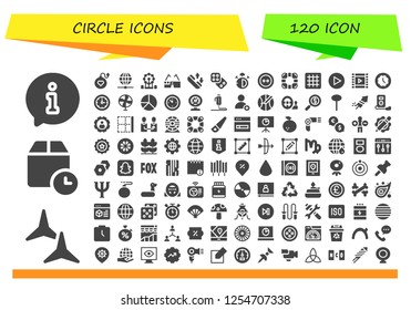Vector icons pack of 120 filled circle icons. Simple modern icons about  - Information, Shuriken, Wait time, Bomb, Worldwide, Ferris wheel, Virtual glasses, Phone call, Dice, Stop watch