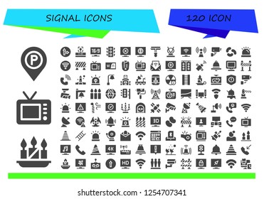 Vector icons pack of 120 filled signal icons. Simple modern icons about  - Parking sign, Candles, Television, Traffic signal, Wifi, Traffic light, Paint roller, Antenna, Signal