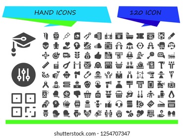 Vector icons pack of 120 filled hand icons. Simple modern icons about  - Unemployed, QR, Controller, Tweezers, Smartwatch, Crutch, Document, Plier, Handheld, Walkie talkie, Website