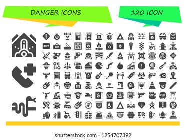 Vector icons pack of 120 filled danger icons. Simple modern icons about  - Falling debris, Snake, Emergency call, Danger, Bomb, Death penalty, Siren, Alarm, Fire, Firefighter