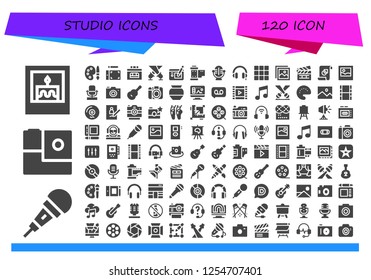 Vector icons pack of 120 filled studio icons. Simple modern icons about  - Picture, Microphone, Gopro, Palette, Graphic tablet, Recorder, Spotlight, Reel, Headphones, Clapperboard