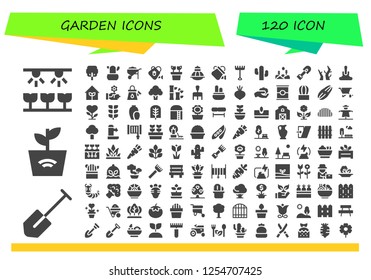 Vector icons pack of 120 filled garden icons. Simple modern icons about  - Farm, Shovel, Plant, Tree, Cactus, Wheelbarrow, Watering can, Terrarium, Rake, Forest, Branches, Garden