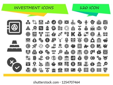 Vector icons pack of 120 filled investment icons. Simple modern icons about  - Safe box, Rate, Ingots, Currency, Money, Bars graphics, Coin, Coins, Startup, Funds, Cheque, Ingot