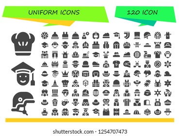 Vector icons pack of 120 filled uniform icons. Simple modern icons about  - Chef, Helmet, Graduated, Football, Hat, Sleeveless, Guard, Boxing helmet, Beret, Mortarboard, Juventus
