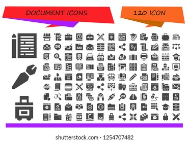 Vector icons pack of 120 filled document icons. Simple modern icons about  - Sheet, Suitcase, Pen, Jury, Certificate, Briefcase, Manual, Pencil, Invoice, Browser, Graduation, Contract