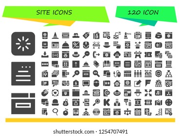 Vector icons pack of 120 filled site icons. Simple modern icons about  - Loading, Browser, Website, Mobile, Hat, Ticket, Tag, Menu, Web, Responsive, Barrier, Web site, Password