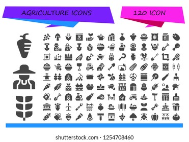 Vector icons pack of 120 filled agriculture icons. Simple modern icons about  - Carrot, Growing plant, Gardener, Grapes, Shovel, Corn, Fertilizer, Sprout, Watering can, Silo, Chicken