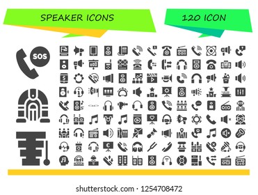 Vector icons pack of 120 filled speaker icons. Simple modern icons about  - Telephone, Xylophone, Jukebox, Propaganda, Megaphone, Phone, Woofer, Radio, Electron, Call, Speaker