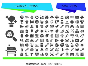 Vector icons pack of 120 filled symbol icons. Simple modern icons about  - Magic, Grill, Virus search, Settings, Truck, Muffin, Redo, Field, Hamster, Cloud download, Help, Star