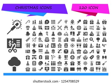 Vector icons pack of 120 filled christmas icons. Simple modern icons about  - Sparkler, Tree, Voucher, Candy cane, Candles, Candle, Winter, Fireworks, Gift, Party hat, Present