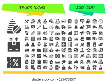 Vector icons pack of 120 filled truck icons. Simple modern icons about  - Toys, Sale, Shipping, Mine, Delivery truck, Firefighter, Delivery man, Rearview mirror, Industry, Transportation