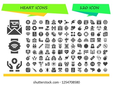 Vector icons pack of 120 filled heart icons. Simple modern icons about  - Invitation, Donation, Smartwatch, Sticker, Peace, Chakra, Blood test, Boyfriend, Heart, Blood, Love, Rainbow