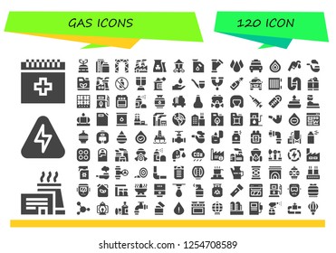 Vector icons pack of 120 filled gas icons. Simple modern icons about  - Blood, Factory, Energy, Camping gas, Tank, Rigging, Industry, Nuclear plant, Street lamp, Gas, Pipe, Drop