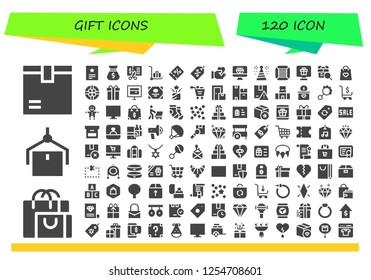 Vector icons pack of 120 filled gift icons. Simple modern icons about  - Package, Shopping bag, Invitation, Bag, Voucher, Delivery cart, Coupon, Tag, Give love, Diamond, Party hat