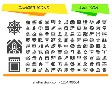 Vector icons pack of 120 filled danger icons. Simple modern icons about  - Spider web, Match, Falling debris, Vest, Tsunami, Bomb, Malware, Hose, Bonfire, Restriction, Warning