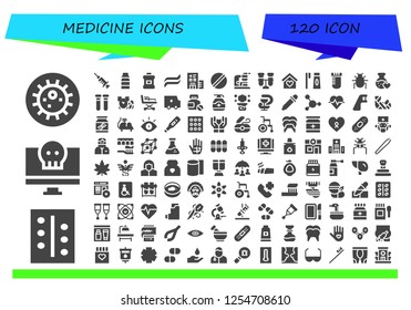 Vector icons pack of 120 filled medicine icons. Simple modern icons about  - Bacteria, Pills, Virus, Blood, Syrup, Mouthwash, Toothpaste, Hospital, Pill, Microscope, Test tube