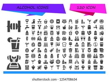 Vector icons pack of 120 filled alcohol icons. Simple modern icons about  - Bars, Dirndl, Drink, Beer, Drinks, Soda, Beer cap, Champagne, Vodka, Cocktail, Bottle, Barrel, Beer tap