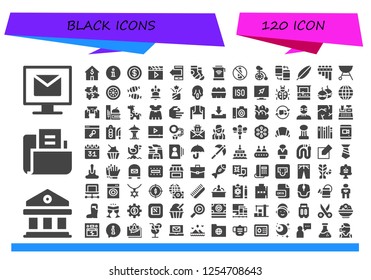 Vector icons pack of 120 filled black icons. Simple modern icons about  - Email, Courthouse, Folder, House, Information, Coin, Clapper, Smartphone, Socks, Kettle, No alcohol, Unicycle